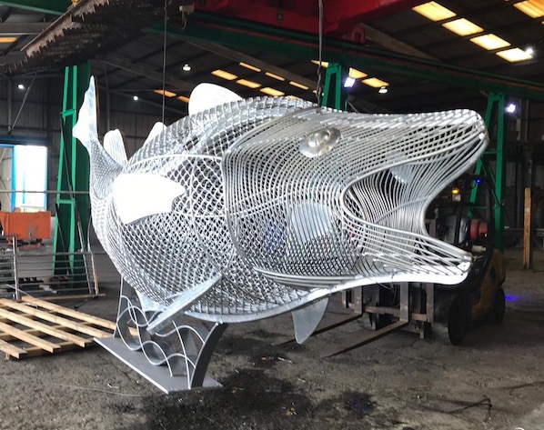 Galvanised Fin the Fish sculpture.