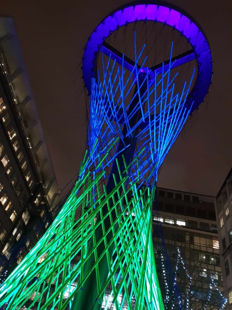 galvanised time and tide sculpture at canary wharf winter lights