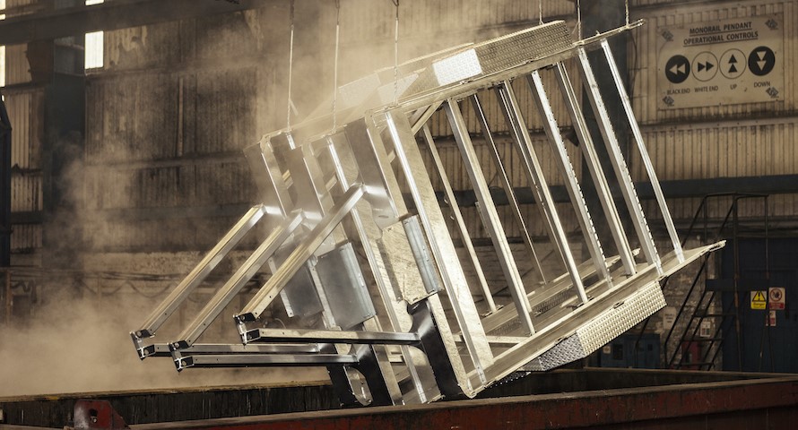 A trailer chassis being hot dip galvanized