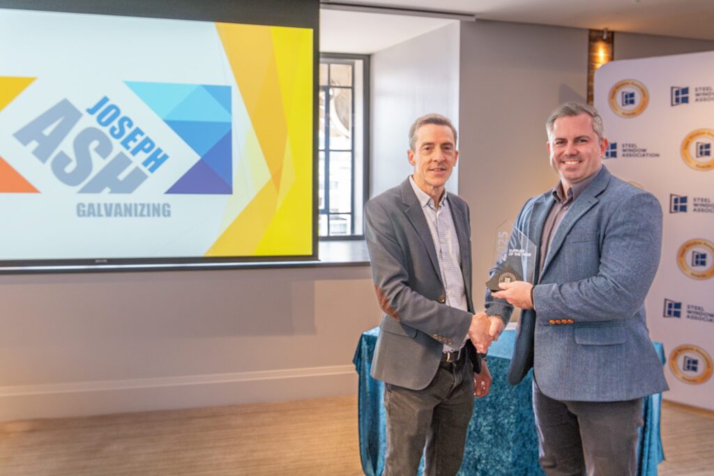 Dan Lyons from Joseph Ash Medway accepting Product Supplier of the Year award 2025 from the steel window association